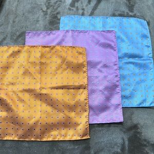 3 Men’s Pocket Square. Lite Blue, orange and lite Purple. W/Polka Dots.100% silk